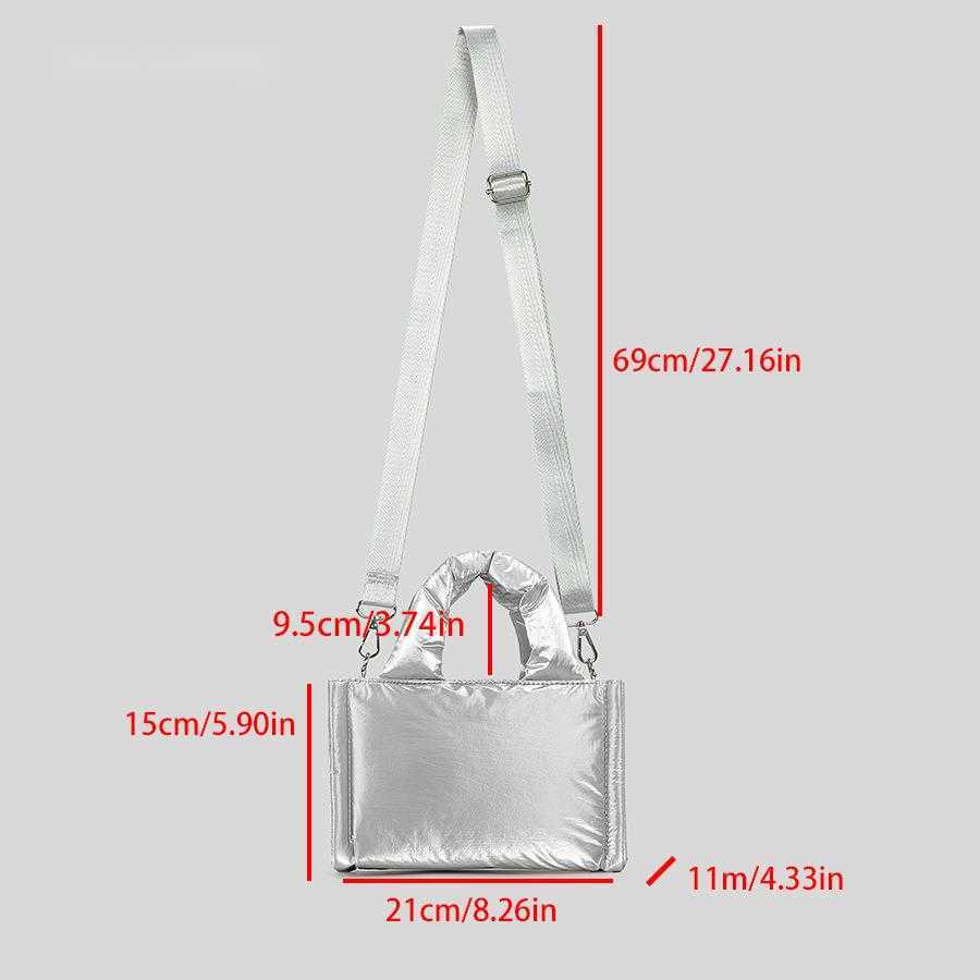 design with cotton clip, single shoulder crossbody bag, women's shiny silver nylon small square bag, lightweight stylish small size handbag 24101