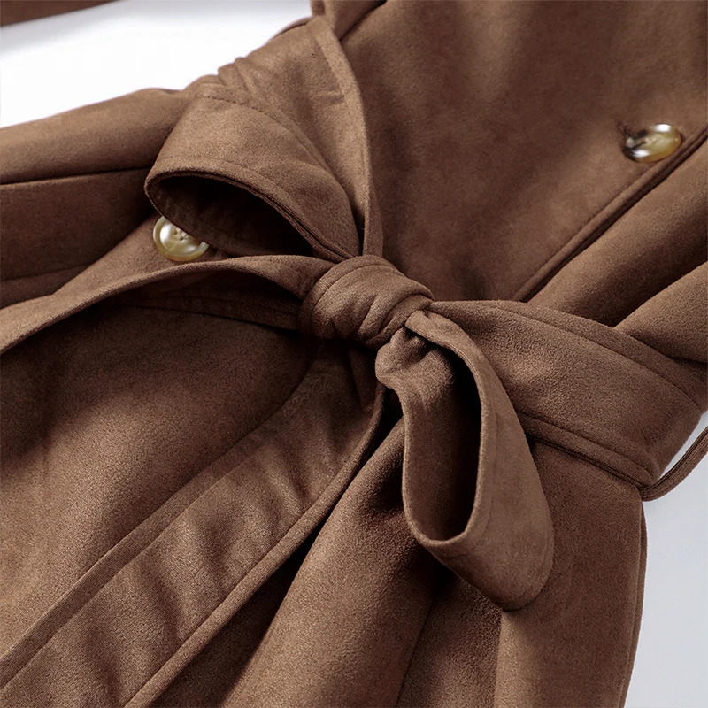 Suede with retro lapel double chest split style coat autumn womens long jacket street top 241031