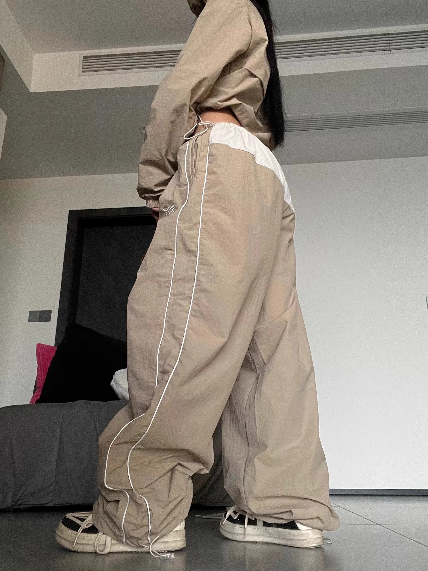 QWEEK Y2K Streetwear Khaki Pants Sets Women Gorpcore Vintage 90s Beige Tracksuit Oversized Kpop Fashion Harajuku Two Piece Set 240320