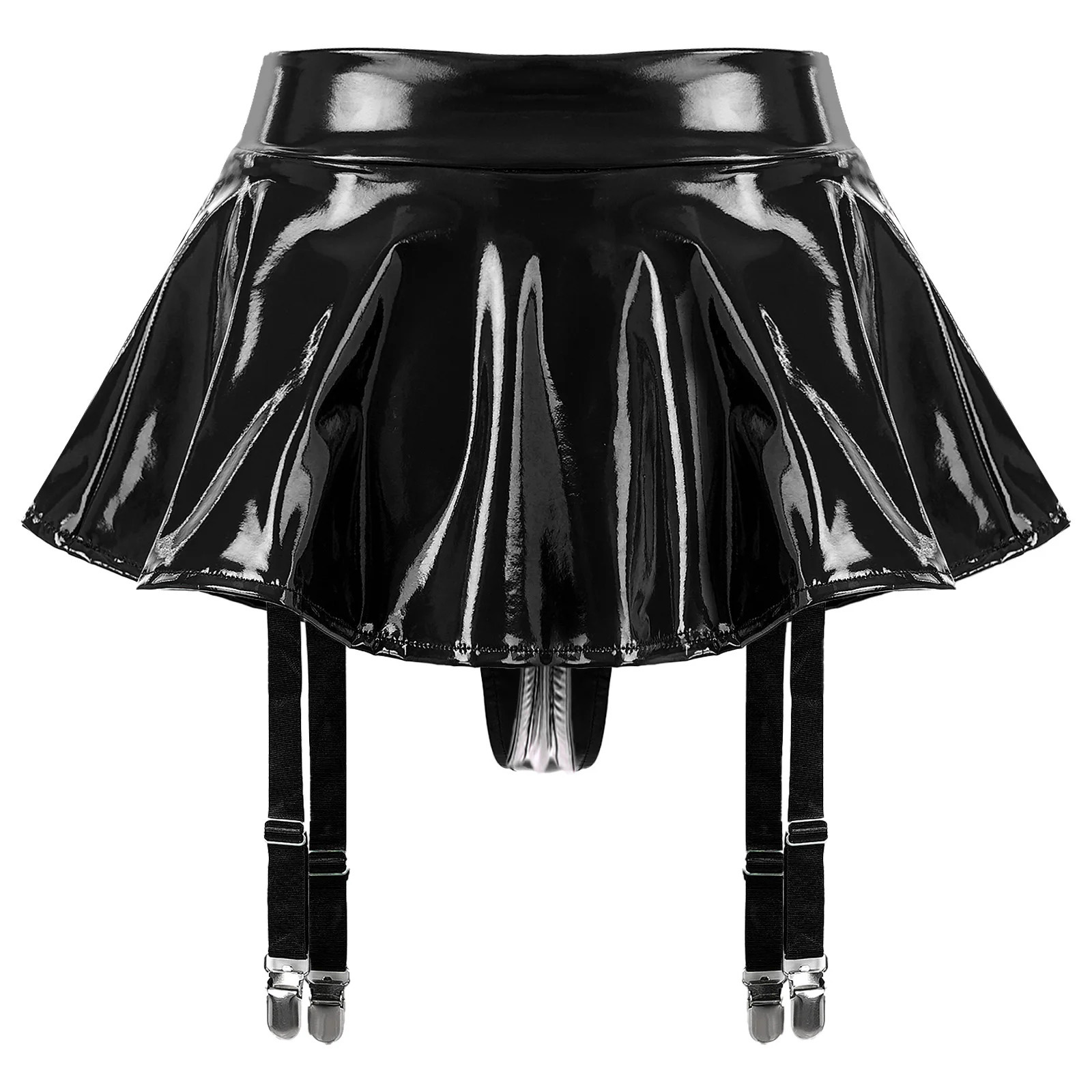 Porn Lingerie Set Woman Garter Patent Leather Wire-free Open Cup Sexy Bra Top with Ruffle Built-in Thongs Garter Belt Mini Skirt 241031
