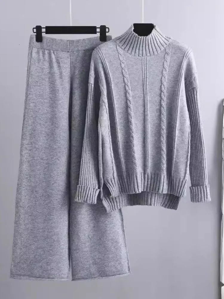 Women Loose Knitted Pants Set Half High Collar Sweater Wide Leg Coordinates Fashion Clothes Autumn Winter Two Piece 241031Z