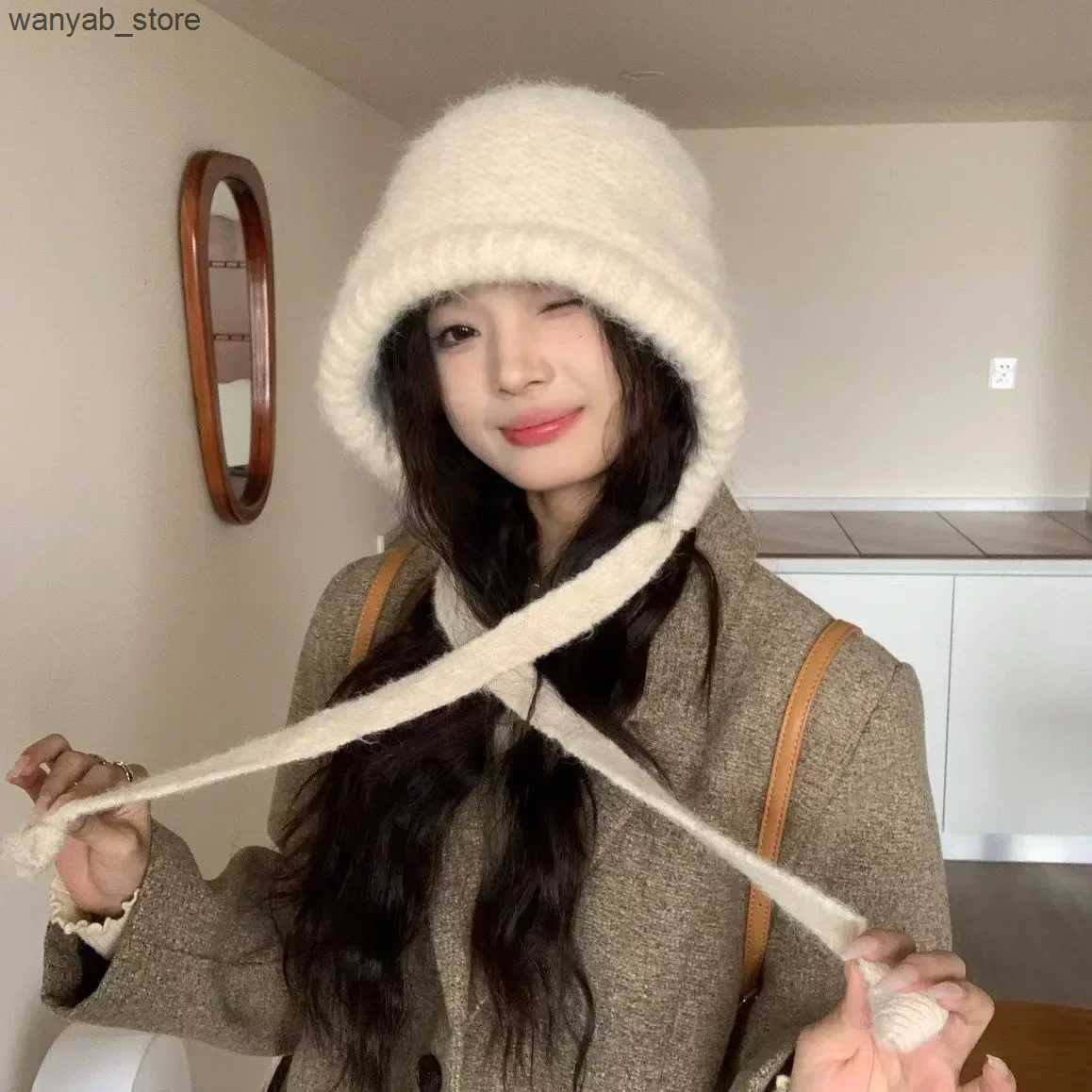 Wide Brim Hats Bucket Hats Funny Bag Hat Thicken Knitted Winter Warm Pullover Hat Big Headband Strap Skullie Cycling Ear Protection Couple Cap Accesso