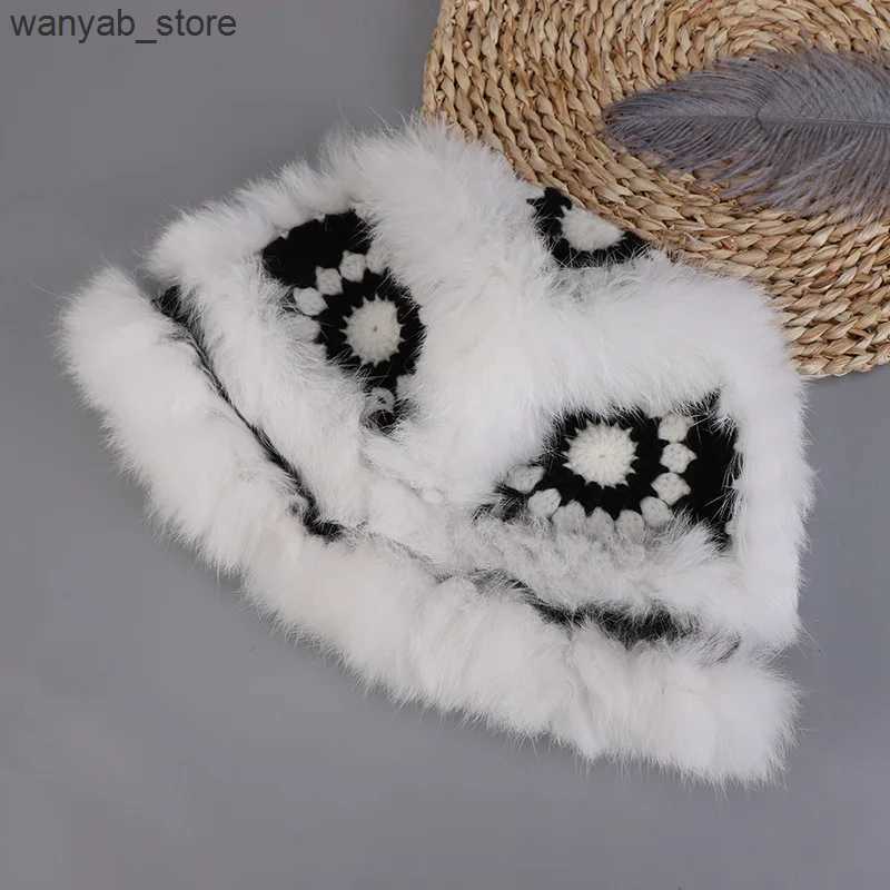 Wide Brim Hats Bucket Hats Stylish Crochet Bucket Hat Women Winter Rabbit Fur Warm Cute Plush Cap Big Head Casual Knitted Fishermans Caps Fashion Pana