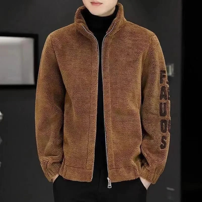 Autumn and Winter Mens Fleece Standing Neck Jacket Embroidered Sweater Leather Wool Lamb Coat Clothes Top 241031
