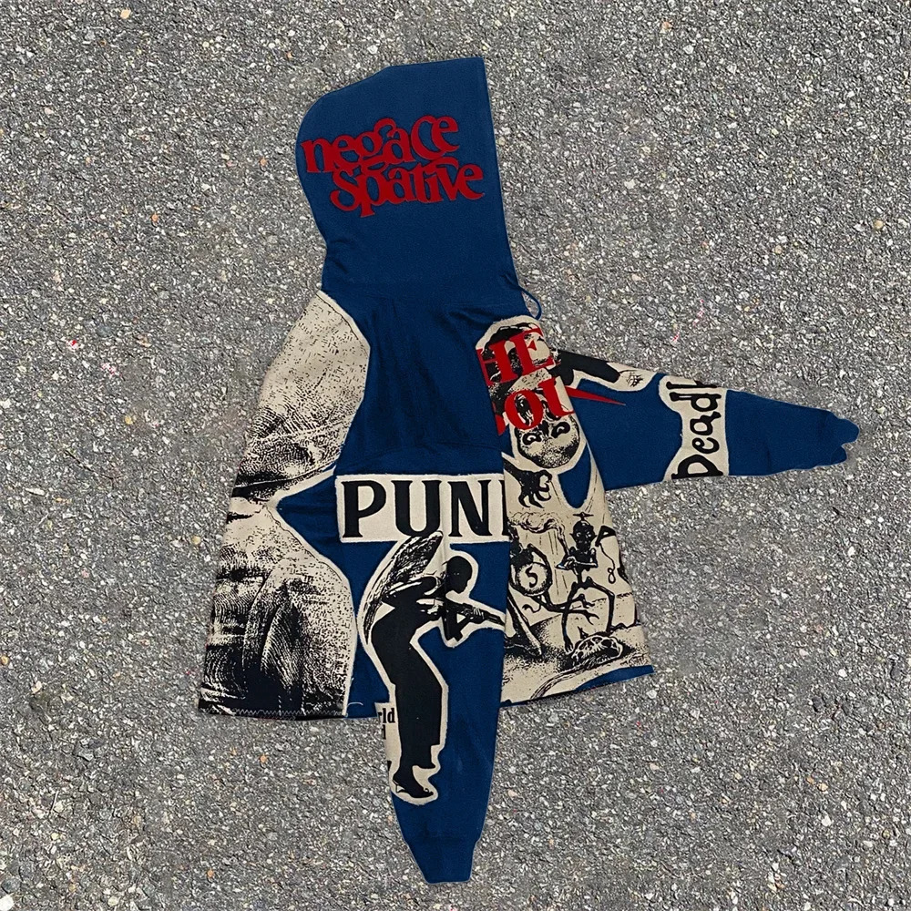 Outerwear Harajuku Casual Gothic Hooded Skull Print Hoodie Mens Retro Elastic Long Sleeve Loose Jacket Sweatshirt Y2K Streetwea 241031