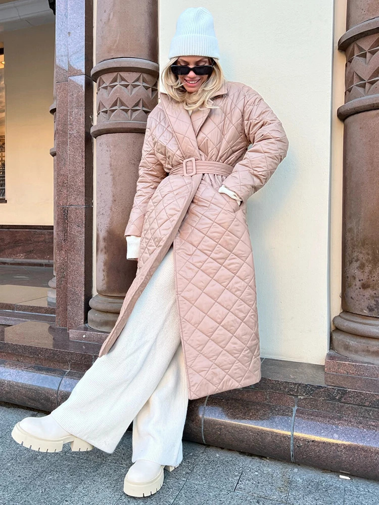 Cryptographic Fall Winter Long Sleeve Parkas Quilted Coats and Jackets for Women Warm Belt Trench Coat Warm Down Jackets Clothes 241031
