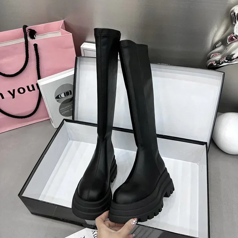 Winter Women Knight High Boots Fashion Back Zippers Ladies Elegant Platform Flats Long Booties Short Plush Womens Footwear 241031