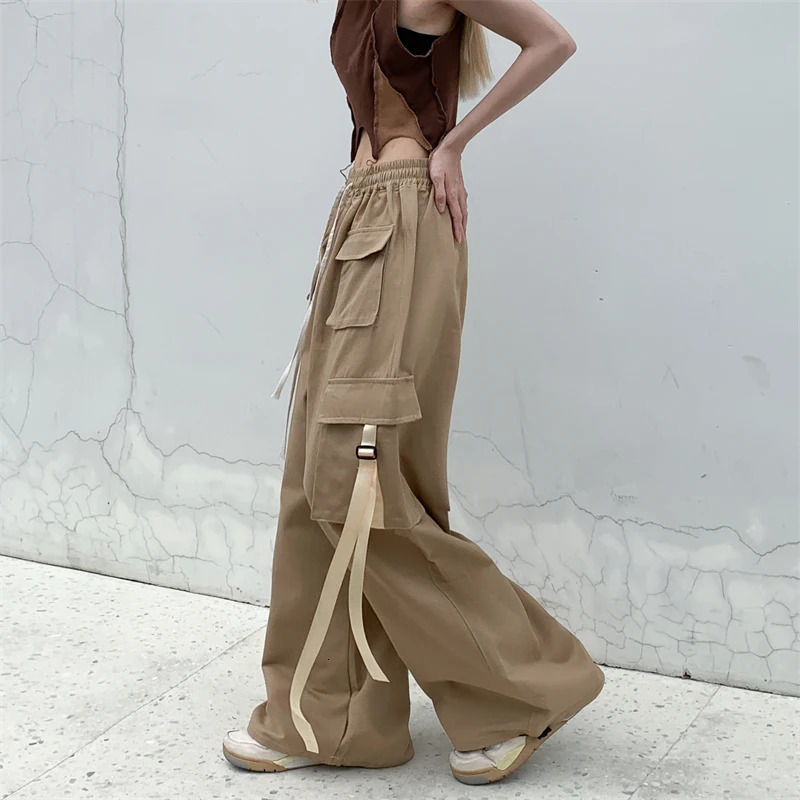 Cotton High Street Cargo Pants for Women Men with Ribbon High Waist Wide Leg Hip-hop Cool Dances Pants Ladies 241031