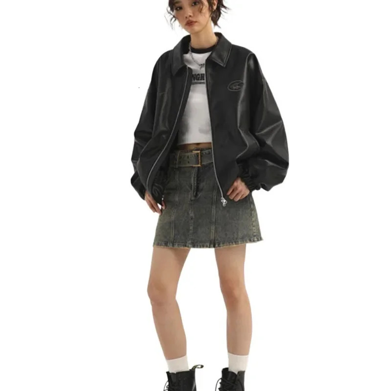 Xinghard Trendy Womens Black Jacket Autumn Collection American Retro Leather Jacket Casual Loose Fit 241031