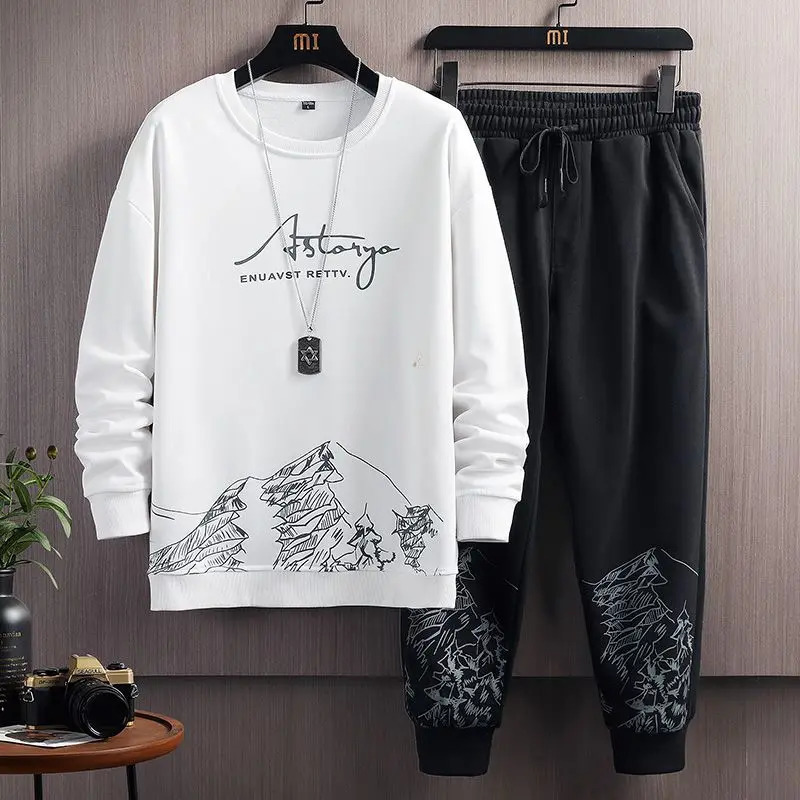 Autumn Winter Men Trendy Vintage Print Fleece Thick Sweatshirt Long Sleeve Sports Hoodie Casual Streetwear Loose Sweatpants Sets 241031