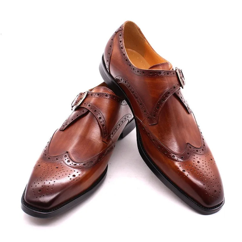 Fashionable mens square carved leather shoes genuine leather single button dress shoes business monk shoes Sapatos Formais Masculinos 241031