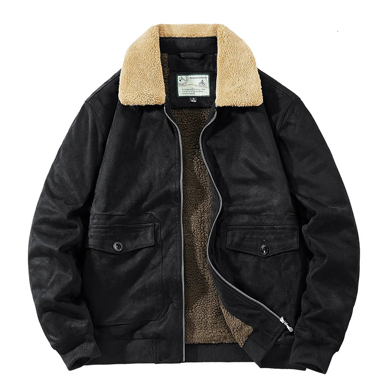 Autumn Winter Suede Jacket Fleece Men Fur Collar Leather Coat Male Thicken Warm Bomber Windbreaker Parkas 241031