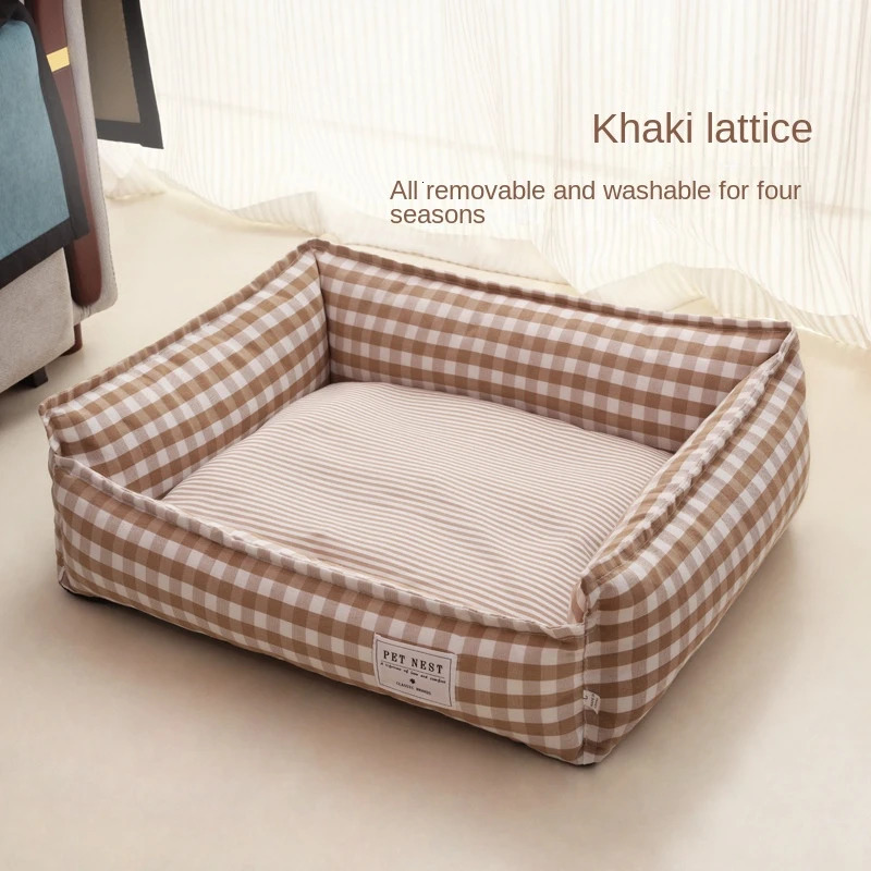 Bed for Dog Cat Pet Square Lattice Kennel Medium Small Sofa Cushion Calming House Supplies Accessories 240328