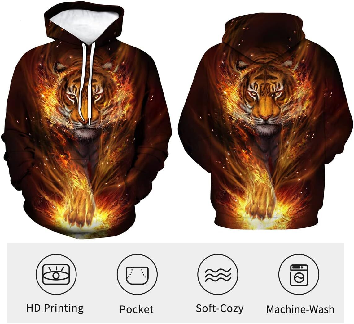 Hoodie for Mens Womens Mens Tiger Hoodie Autumn Winter Long Sleeve Pullover Fantasy Animal Theme Sweatshirt Realistic Graphic Hoodie Graphic Trendy Fa
