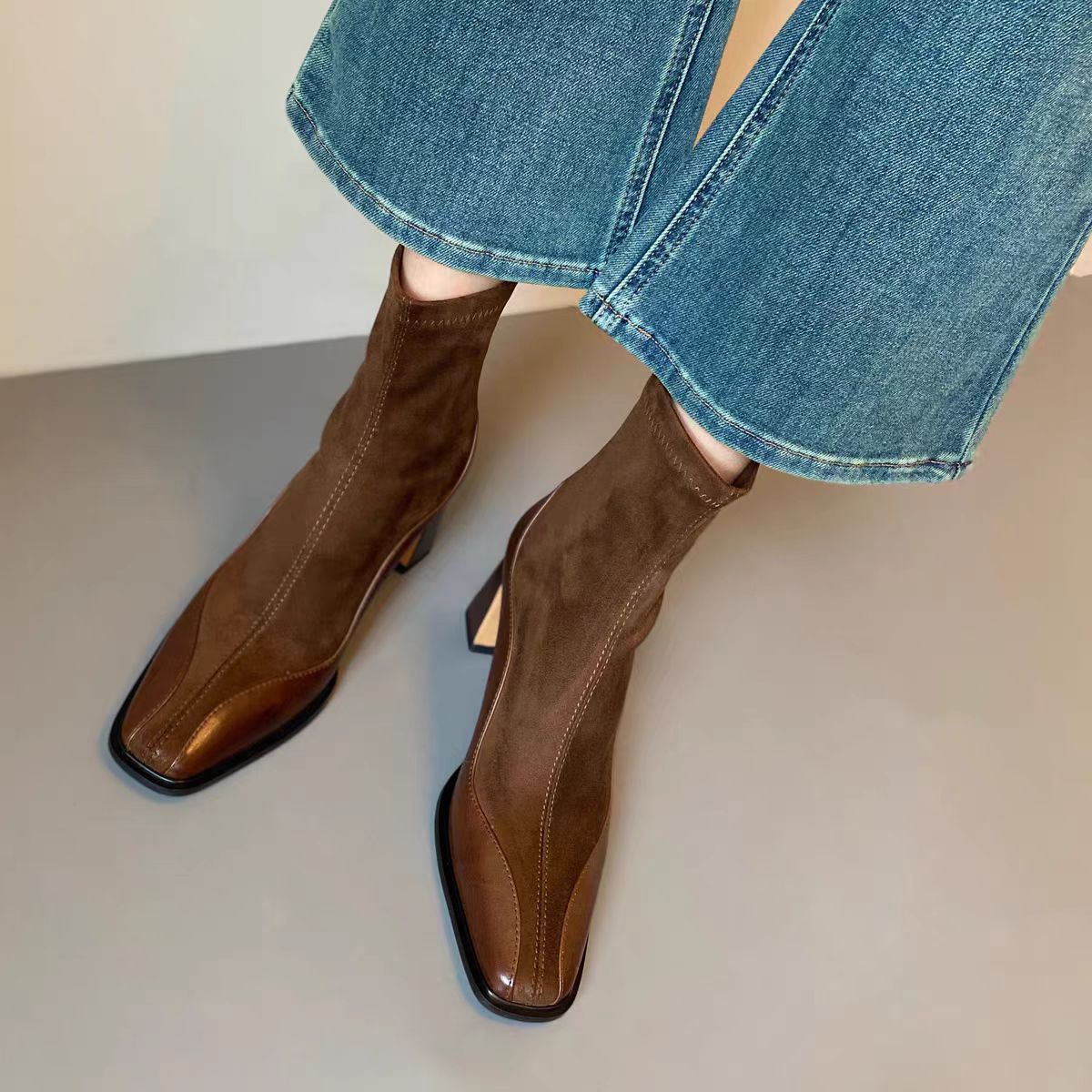 Women's Fashion Boots:France Retro Style Square Toe Boots Winter New Style Design Sense Trendy,Black/Brown,Free shipping