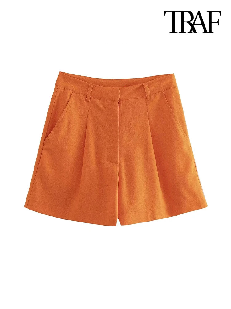 TRAF Women Fashion With Pockets Front Pleats Linen Blend Shorts Vintage High Waist Zipper Fly Female Short Pants Mujer 240325