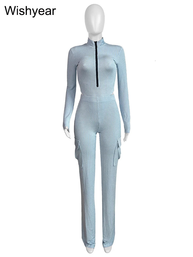 Knitted Rib Tracksuits Set Womens Sports Fall Winter Bodysuits Tops and Cargo Pants Two 2 Piece Suit Fitness Sportswear 241029