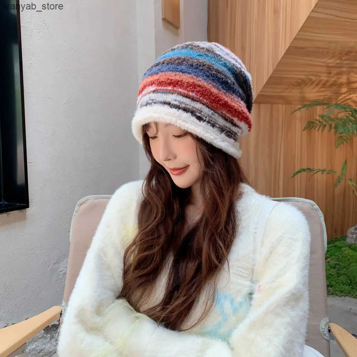 Wide Brim Hats Bucket Hats 2024 New Mink Velvet Hoody Hat Strap Beanie Hat Women Autumn Winter Warm Knitted Hat Rainbow Colored Stripe Pullover Hat Ho