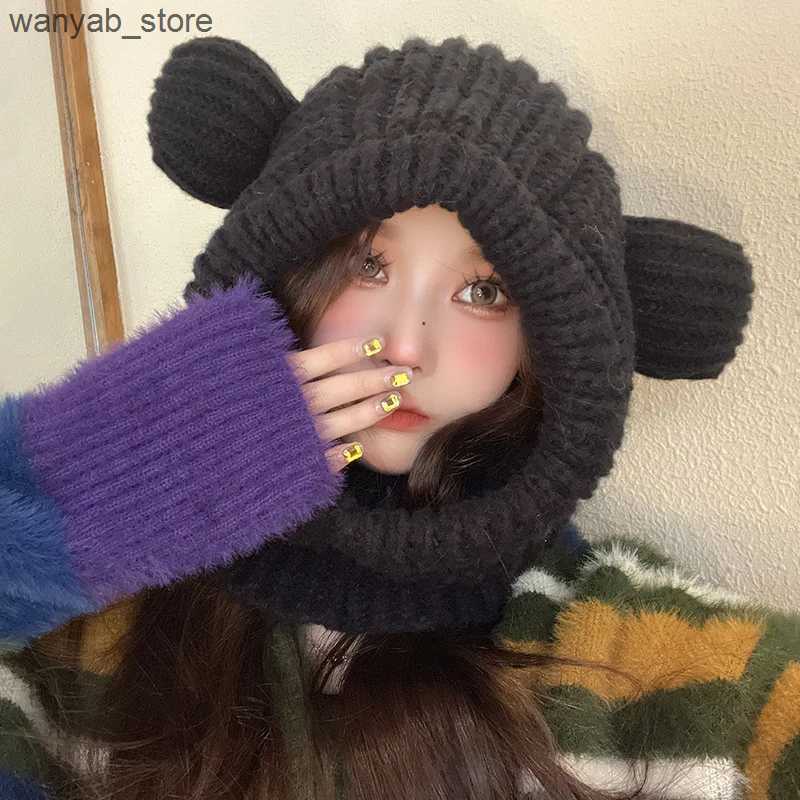 Wide Brim Hats Bucket Hats Cartoon Bear Women Hooded Beanies Winter Warm Ear Protection Scarf Cap Korean Solid Wool Knitted Hat Outdoor Windproof Head