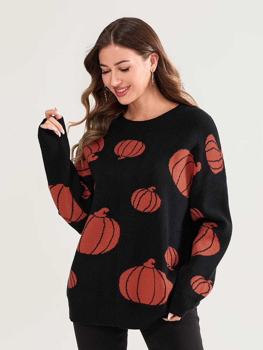 Women Halloween Knit Sweater Ghost Pattern Long Sleeve Round Neck Pullovers Fall Winter Casual Jumpers Tops with Spooky Vibes 241029