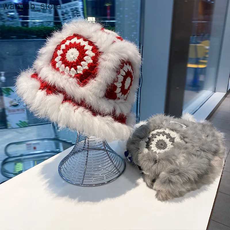 Wide Brim Hats Bucket Hats Stylish Crochet Bucket Hat Women Winter Rabbit Fur Warm Cute Plush Cap Big Head Casual Knitted Fishermans Caps Fashion Pana