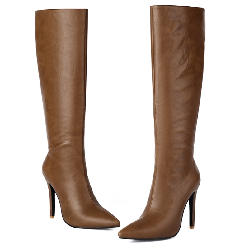 Women's Knee High Boots Sexy Point Toe Winter Black Brown Heeled Long Boot Ladies Party Footwear Shoes Large Size 45 48