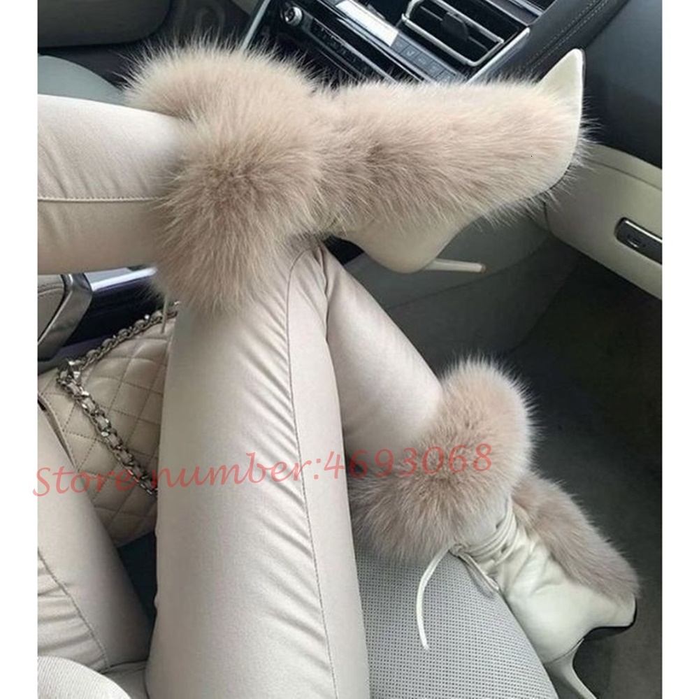 Fluff Pointy Women Ankle Newest White Fur High Stiletto Heels Lace-Up Short Boots Female Slip On Fashion Shoes 241110