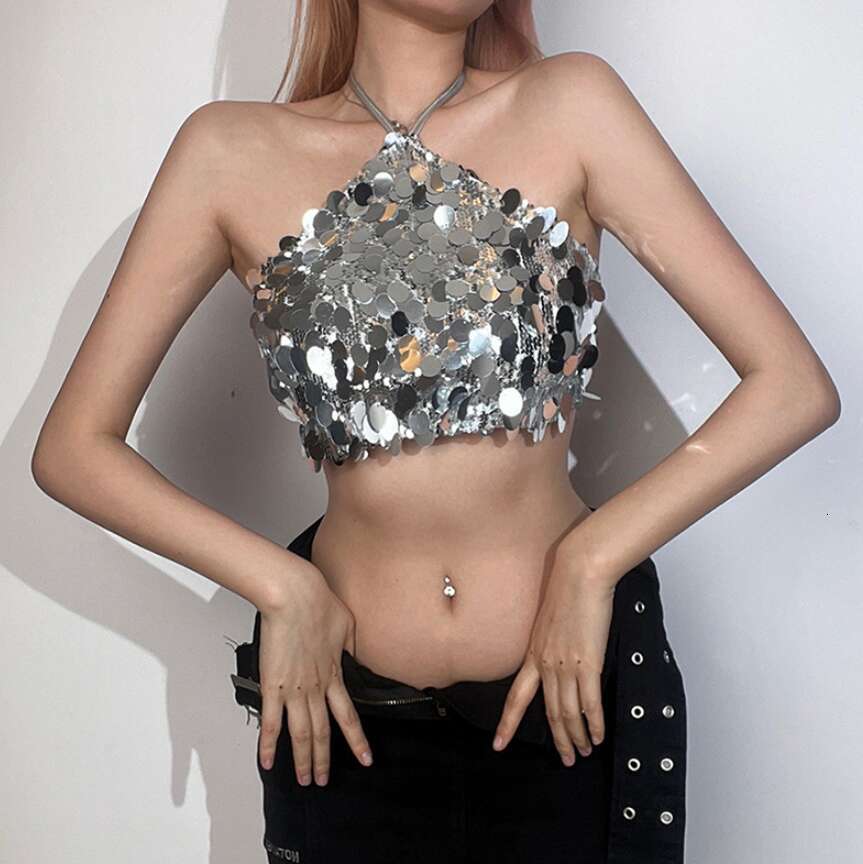 Designer women's fashionable and sexy halter top with backless sequins, women's sleeveless camisole