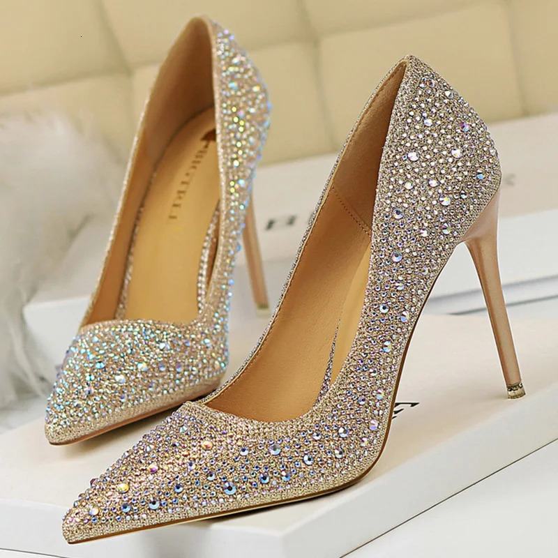 Women Glitter Rhinestone Thin High Heels Pumps Bride White Silver Heels Crystal Wedding Shoes Plus Size 241031