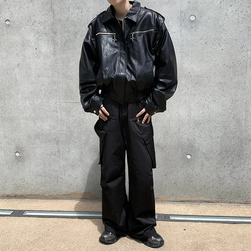 Spring retro Korean style elegant mens leather jacket casual loose fit heavy and harsh situation couple jacket trend 241031