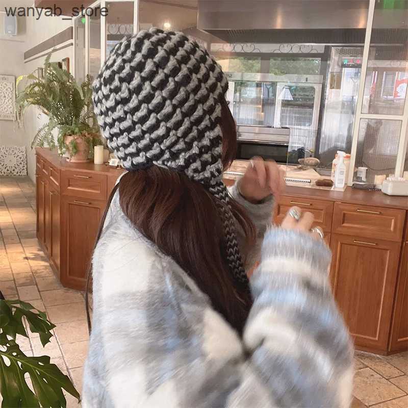 Wide Brim Hats Bucket Hats 2023 New Cute Ear Protection Knitted Skull Hat Womens Autumn and Winter Japanese Wild Hand-crocheted Warm Beanie Cap Mujer 