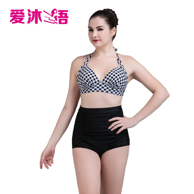 Plus Size Women Halter Top Bikini Set High Waist Push Up Swimsuit Plaid Vintage Sexy Beach Bathing Suit Swim Wear Retro XXL XXXL 240327