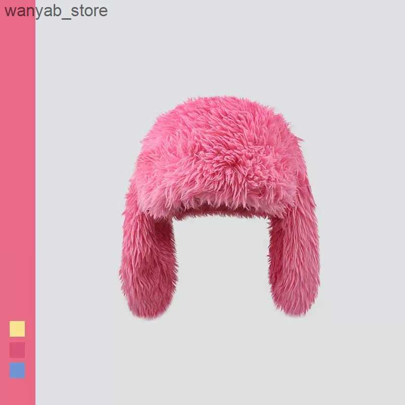 Wide Brim Hats Bucket Hats 2023 New Rabbit Ears Beanies Korea Ins Niche Cute Rose Red Plush Pullover Cap Winter Warm Keeping Funny Photography Womens 