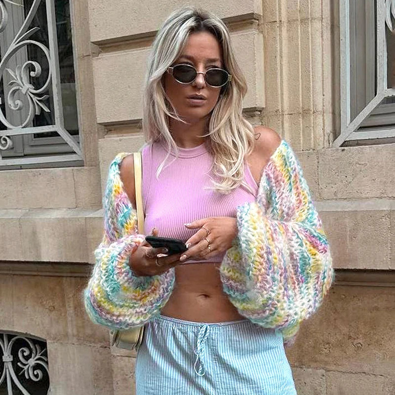 BUILDINGB Fashion Ladies V-Neck Long Sleeve Cardigan Autumn Streetwear Loose Coats Elegant Rainbow Crochet Hollow Knitted 240323
