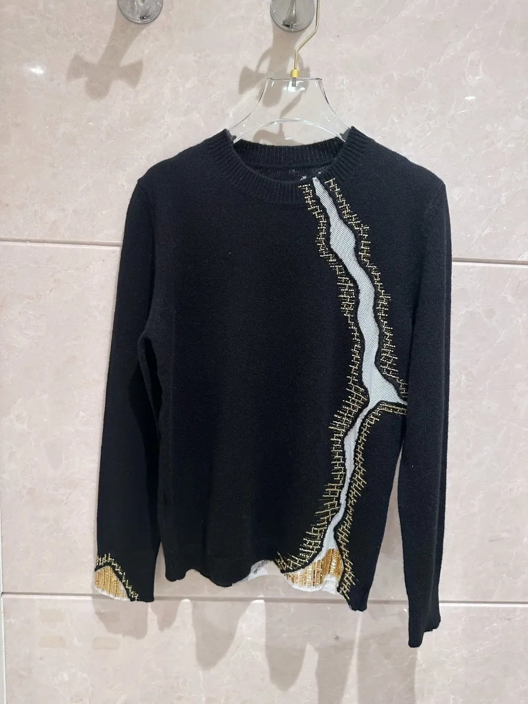 Womens beaded round neck long sleeved sweater knitted Sweatshirt Top Women Female Clothing Blouse 241029