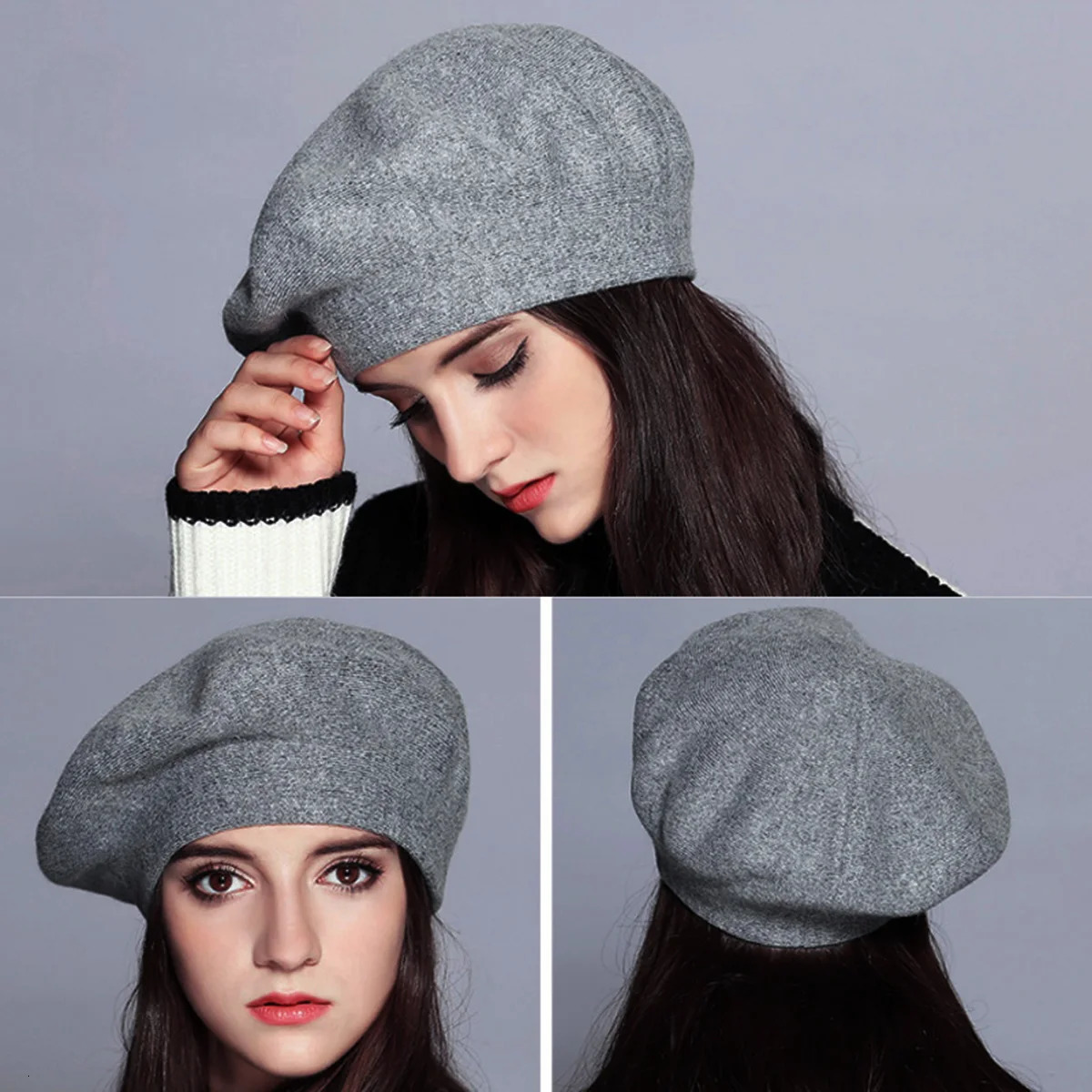 Women Berets Fashion Solid Color Wool Knitted With Ladies French Artist Beanie Warm cap in autumn and winter female hat 241031