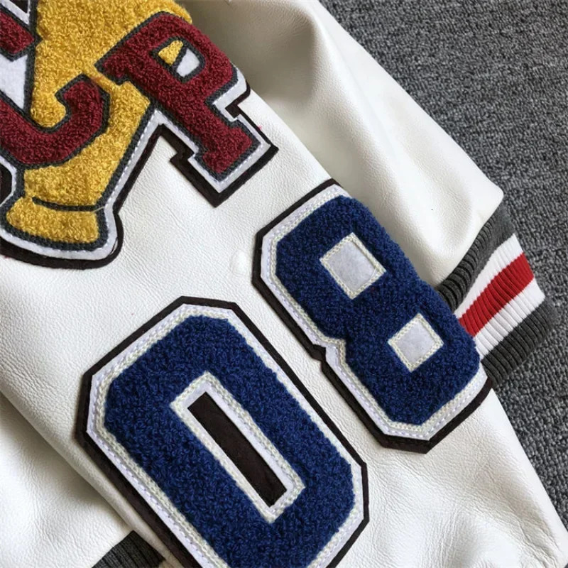 Mens spring and autumn baseball uniform Y2K retro trend leather jacket heavy industry embroidery white short coat ins 241031