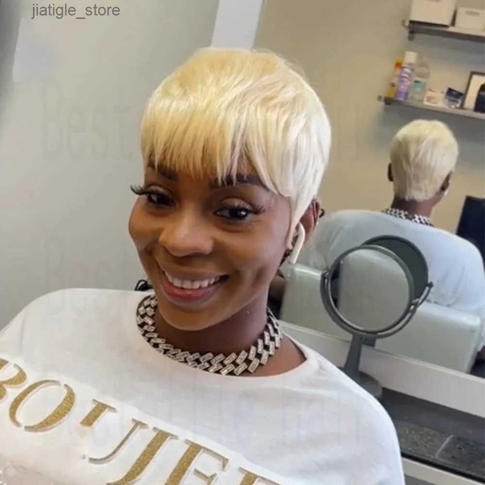 Synthetic Wigs Short Pixie Cut Remy Human Hair Wigs Ready To Wear Glueless Straight Natural Color Full Machine Made Bob Wig With Bnags Y240401