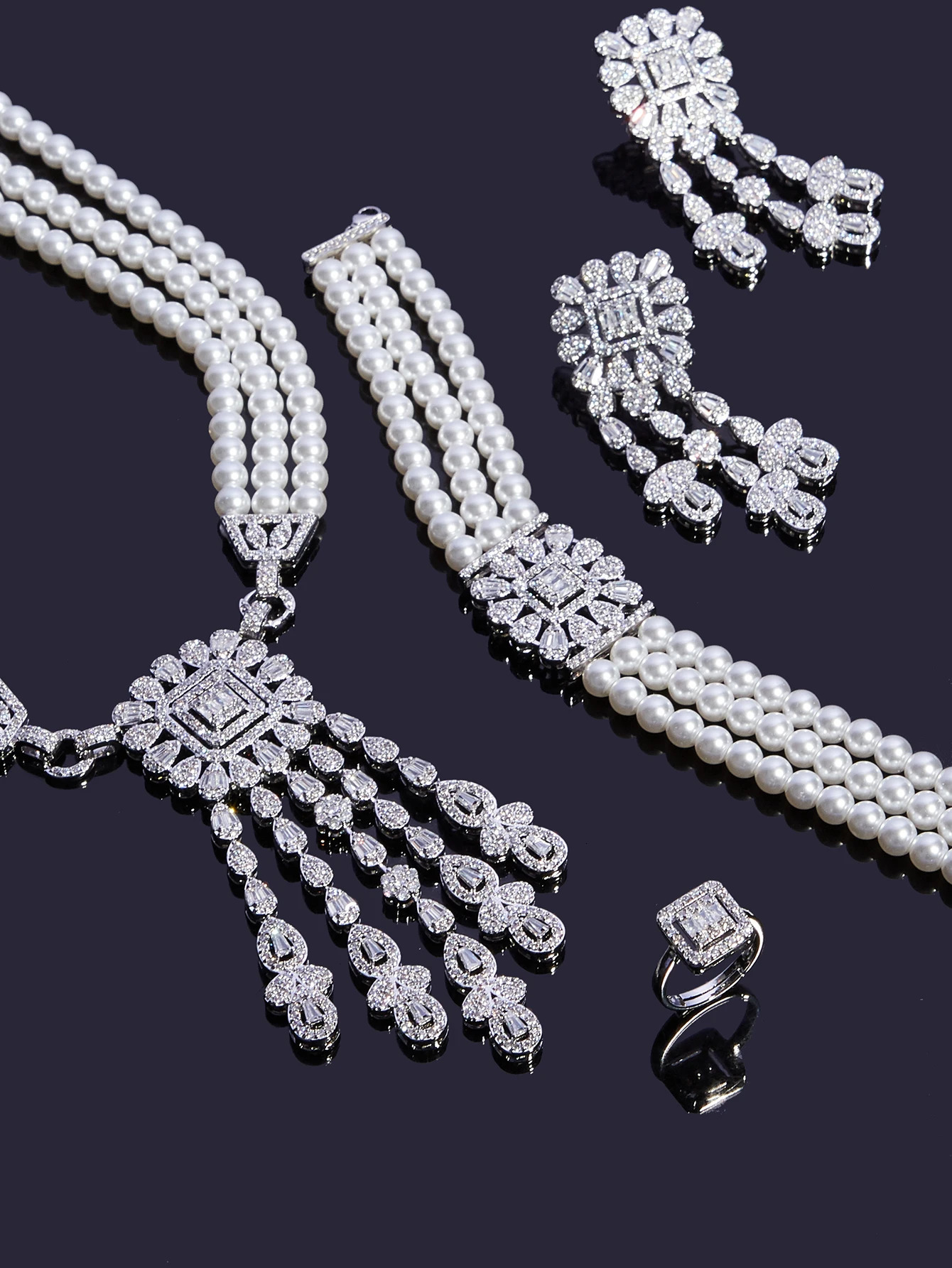 Gorgeous 3-layer glass pearl necklace with cubic zirconia pendant for all zirconia Dubai bridal jewelry set 241031
