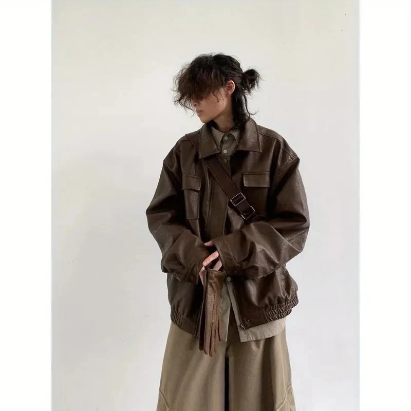 Japanese cargo jacket retro mens hip-hop street clothing Pilot PU leather collar jacket Spring and Autumn motorcycle cool jacket unisex 241031