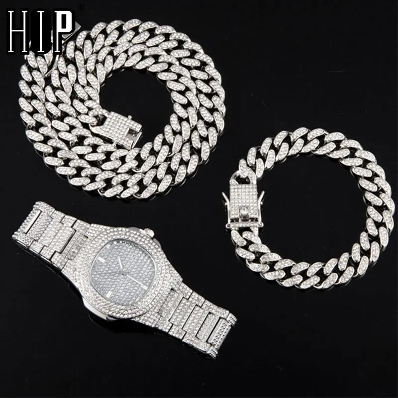 Necklace WatchBracelet Hip Hop Miami Curb Cuban Chain Silver Color Full Iced Out Paved Rhinestones CZ Bling For Men Jewelry 240323