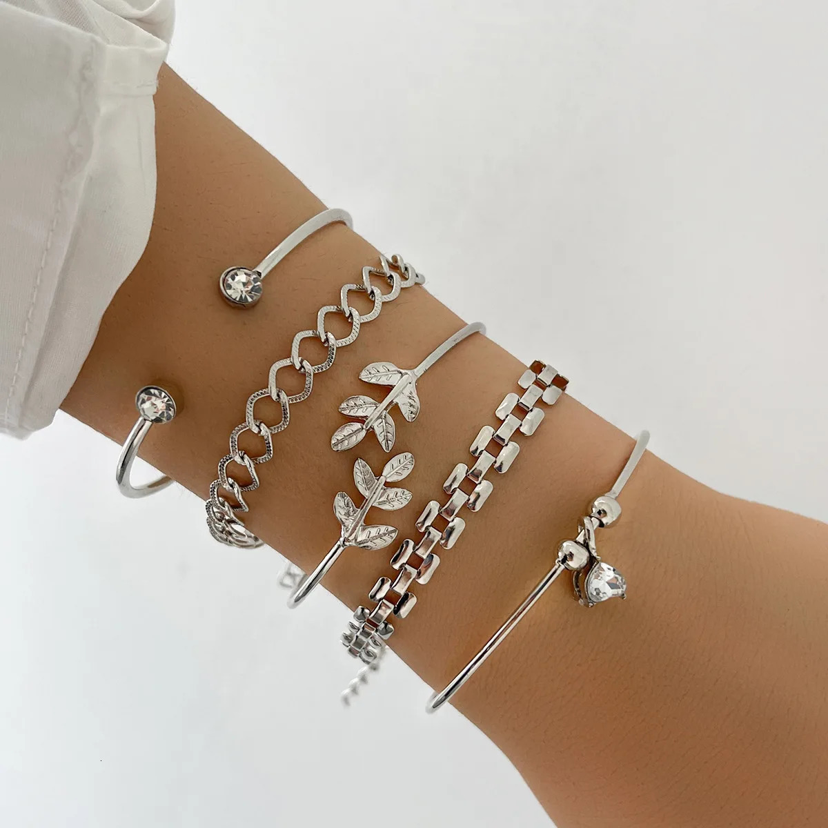 Bohemian Silver Color Geometric Link Chain Bracelet Set For Women Crystal Leaf Open Cuff Bangle Female Boho Jewelry Accessory 241031