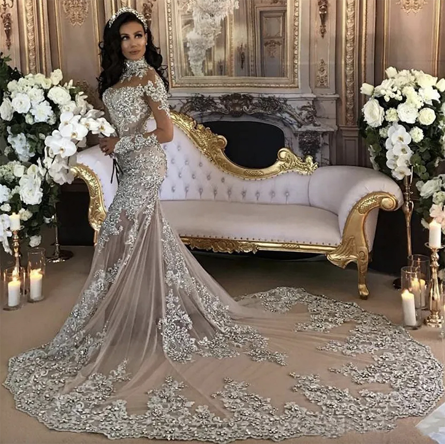 Luxury Sparkly 2024 Mermaid Wedding Dress Sexy Sheer Bling Beads Lace Applique High Neck Illusion Long Sleeve Champagne Trumpet Bridal Gowns
