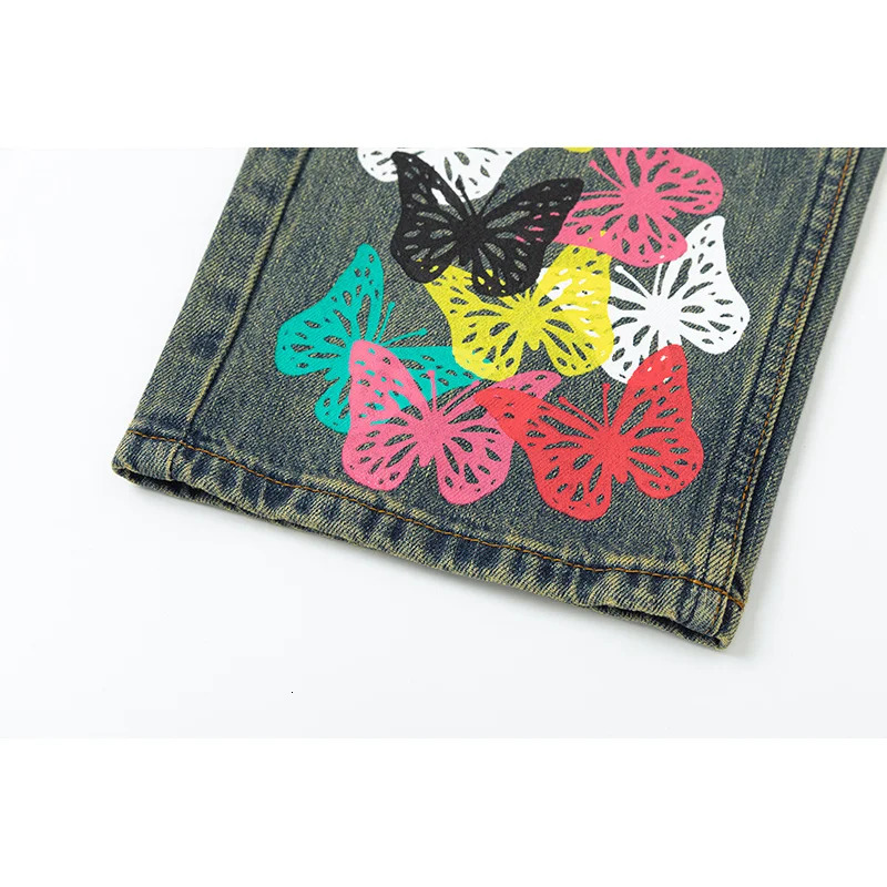 Autumn High end Retro Loose Straight Mens Jeans Personalized Butterfly Pattern for Men and Women 241031