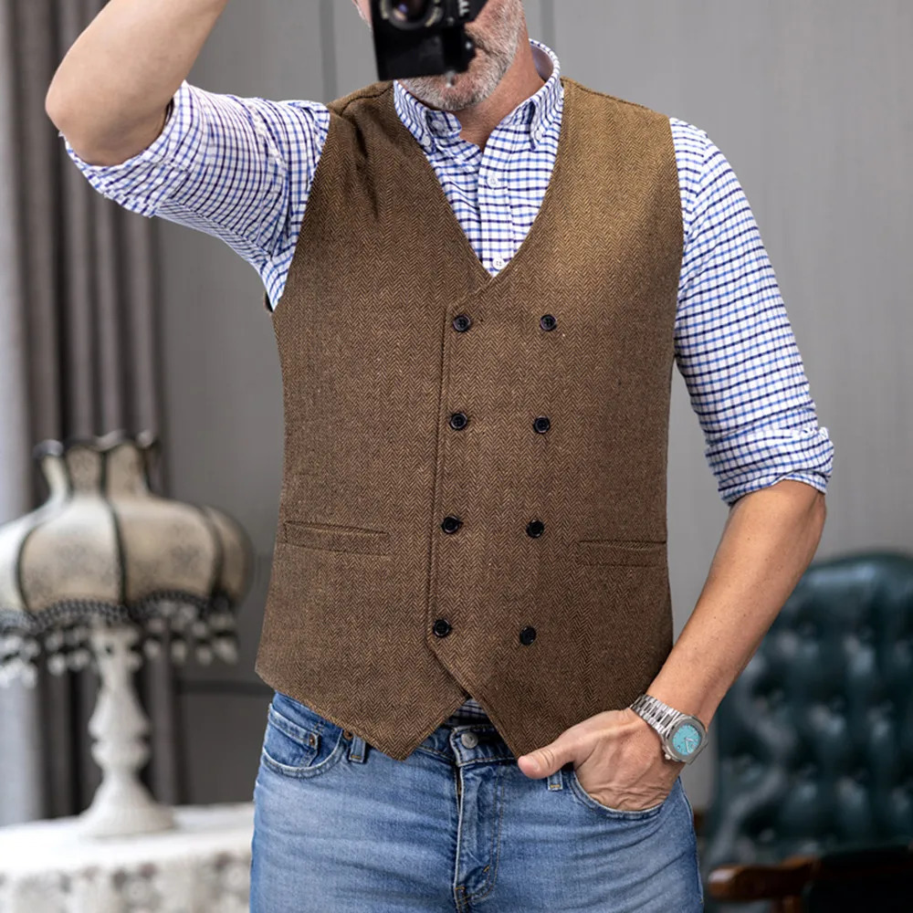 V Neck Mens Suit Vests Herringbone Wool Tweed Double Breasted Waistcoat Tuxedo Groomsmen For Wedding 241031