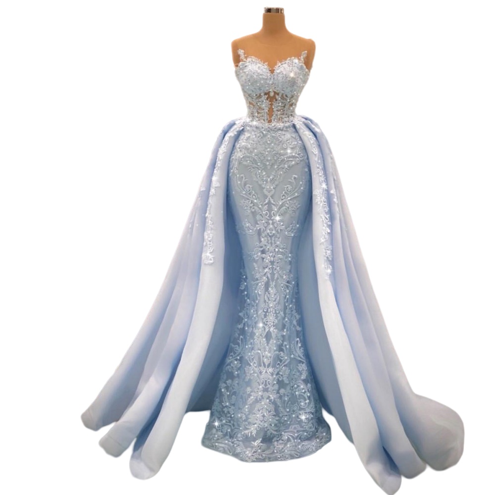 2024 Sexy Light Blue Urious Mermaid Prom Dresses Illusion Full Lace Appliques Crystal Beaded Long Overskirts Formal Party Dress Evening Gowns 0212D