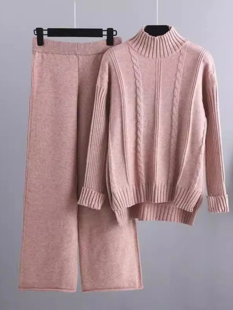 Women Loose Knitted Pants Set Half High Collar Sweater Wide Leg Coordinates Fashion Clothes Autumn Winter Two Piece 241031Z