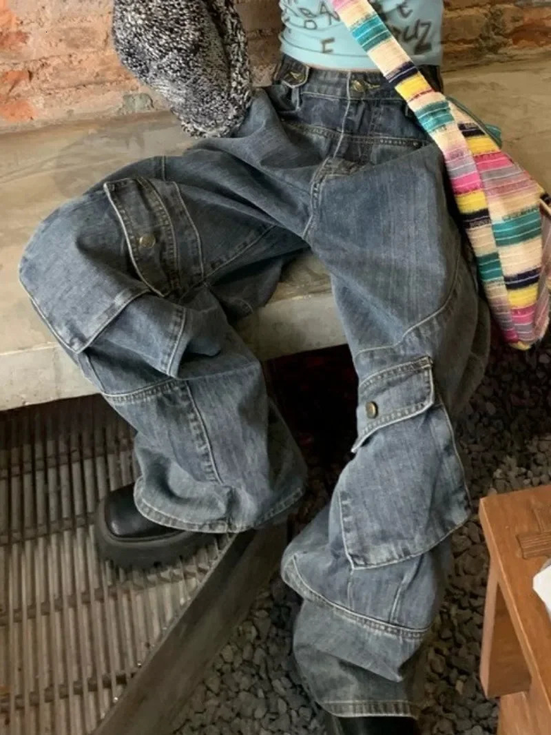 Large Size Retro Punk Style Large Pocket Tooling Jeans Womens Street Fashion Straight-leg Pants Y2k Loose Mopping Pants for Men 240319