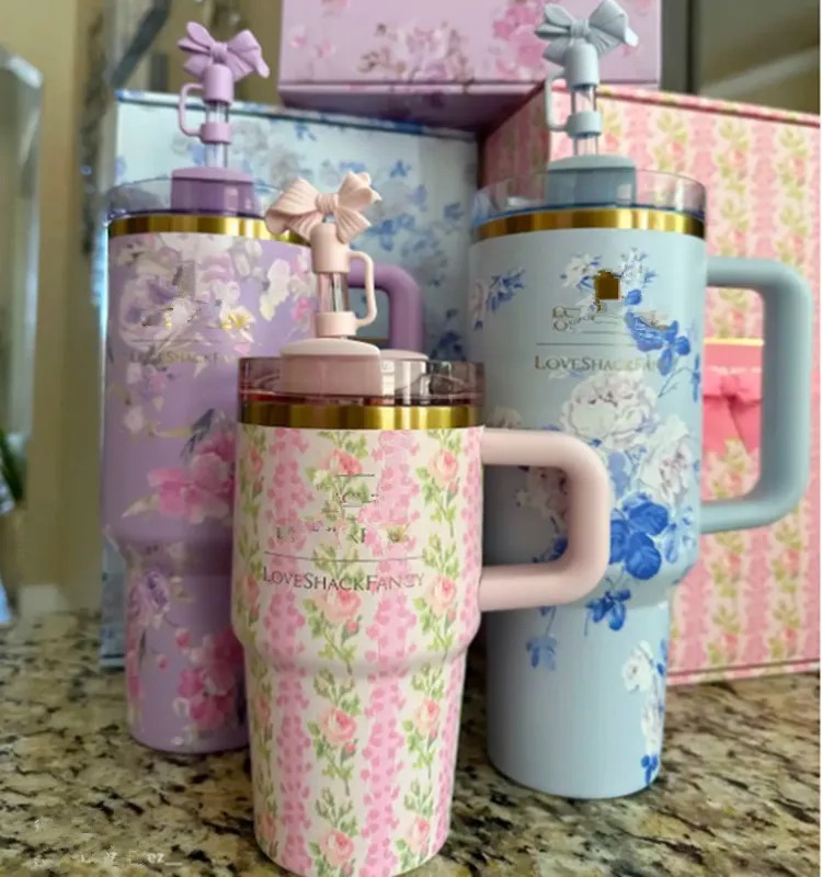 14oz 20oz 40oz TUMBLER Pink Rose Blue Magnolia Mug Holiday Stainless Steel Tumbler with Silicone Handle Lid and Straw Cups Mugs Target water bottles