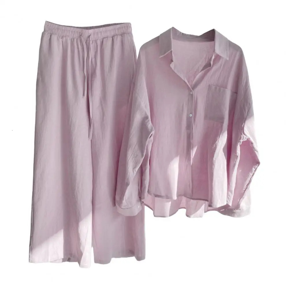 2 PcsSet Fabulous Women Blouse Trousers Set Turndown Collar Tops Pants Suit Drawstring Two Pieces 240329